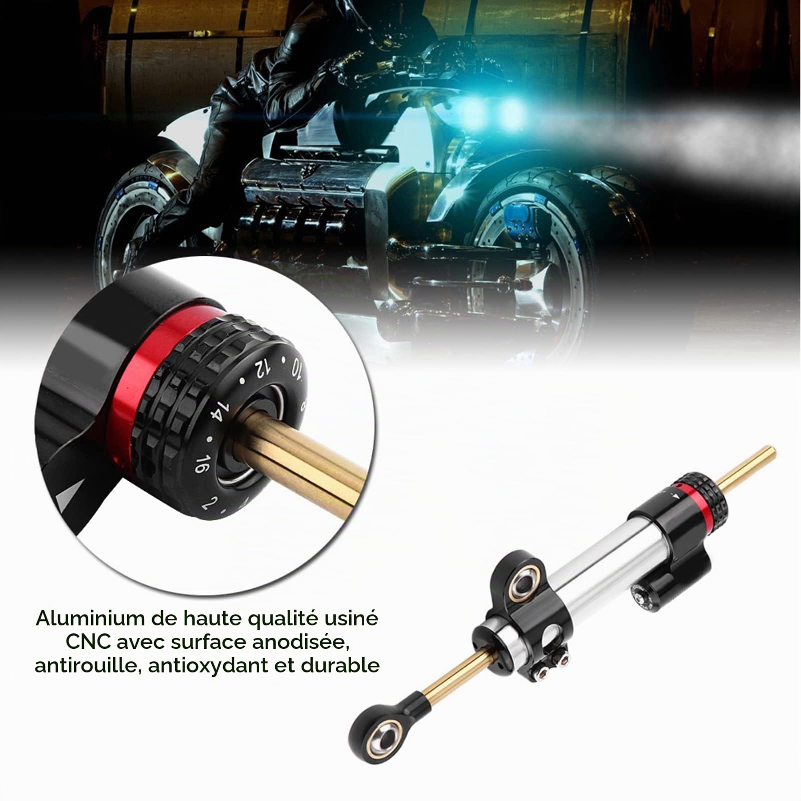 Amortisseur de Direction Moto Stabilisateur Universel en Alliage Aluminium CNC Compatible avec les modèles de motos MT10 MT07 MT09 26cm Court