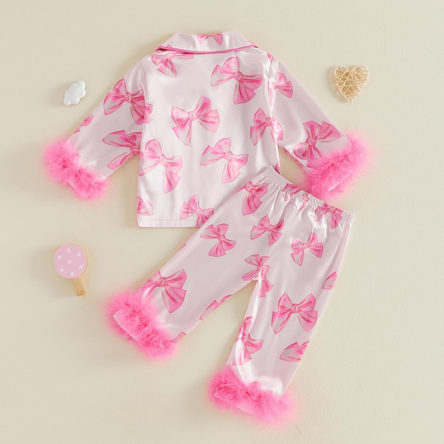 Kavousa Toddler Girls Fall Pajamas Bow Dots Print Fuzzy Tops Pants Satin Sleepwear