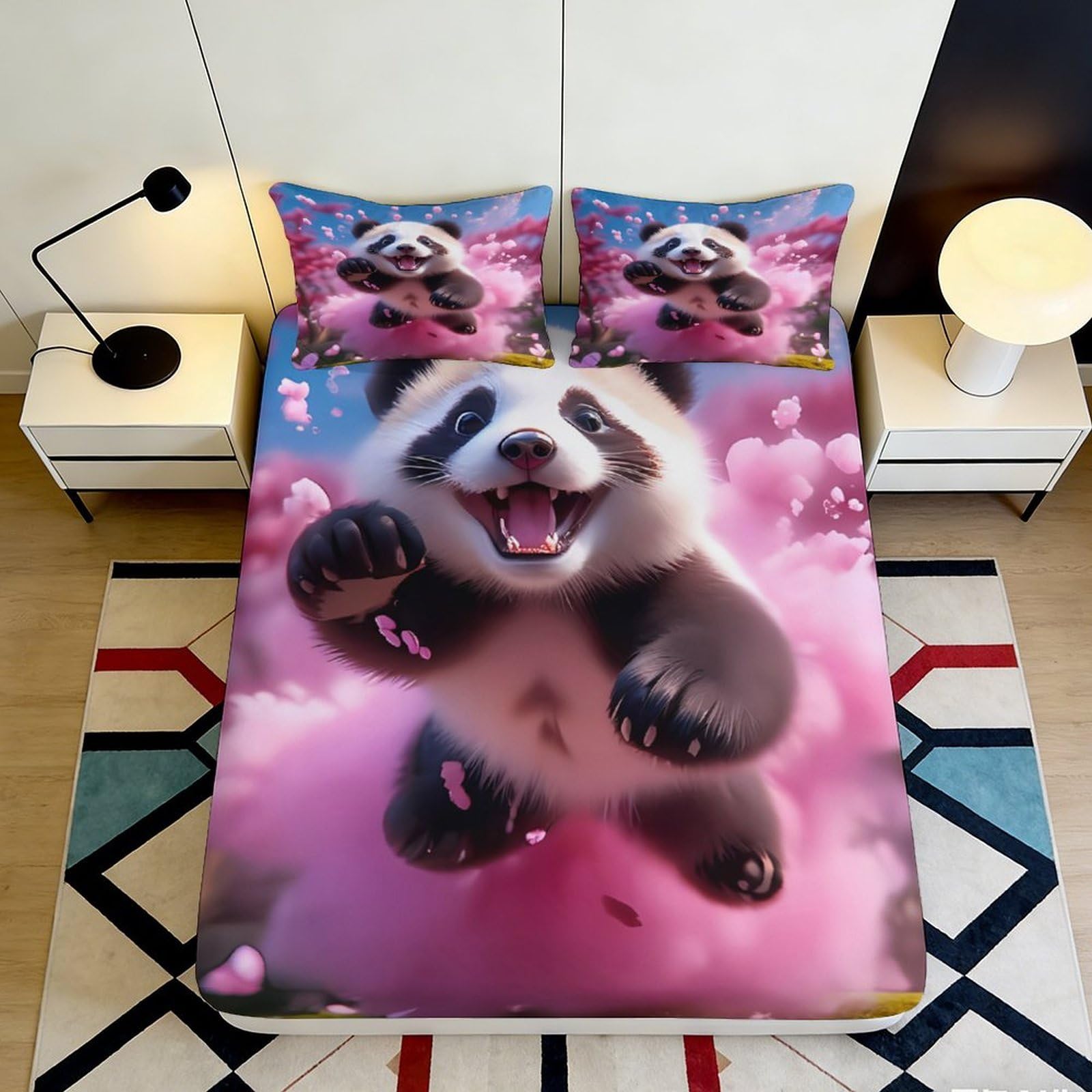 3D Printed Cute Panda Fitted Sheet Microfiber Pink Blossom Mattress Cover for Bedroom Guest Room Dorm Decor 140x200x25cm