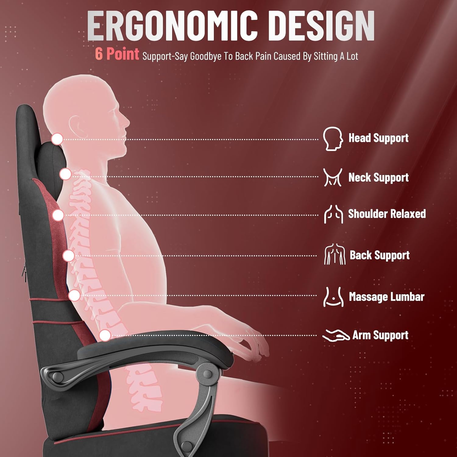 Ferghana Velvet Fabric Ergonomic Gaming Chair with Footrest and Linkage Armrest, High Back Computer Game Chair with Massage Lumbar Support for Adult(Black/Red)