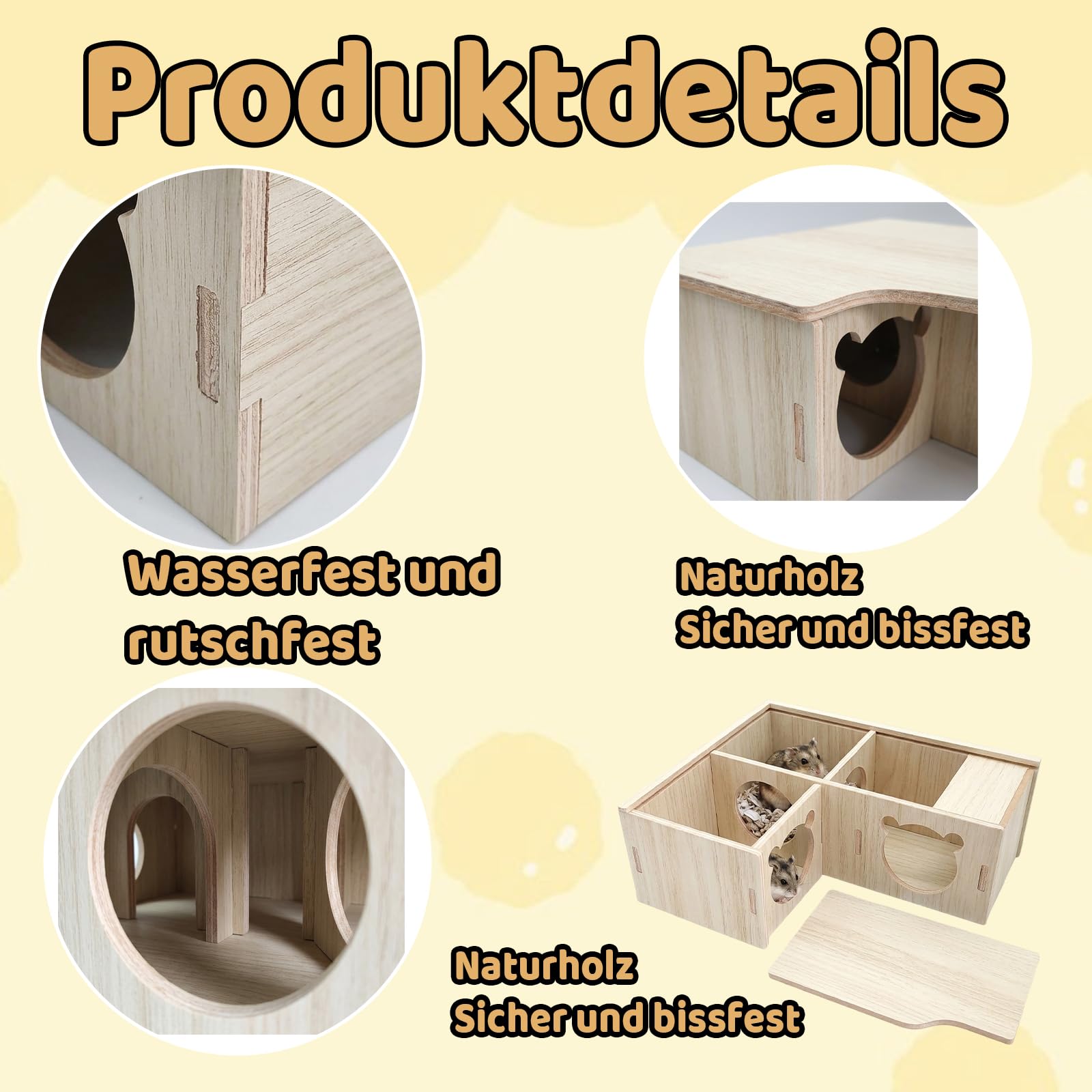3-Zimmer Hamster Haus Mehrkammernhaus Hamster, Natürliches Holz Hamsterhaus Aus Holz, Zwerghamster Zubehör Hamster Versteck, Mehrkammernhaus Hamster Zubehör, Hamsterhaus Klein Für Sichere Käfige - 3