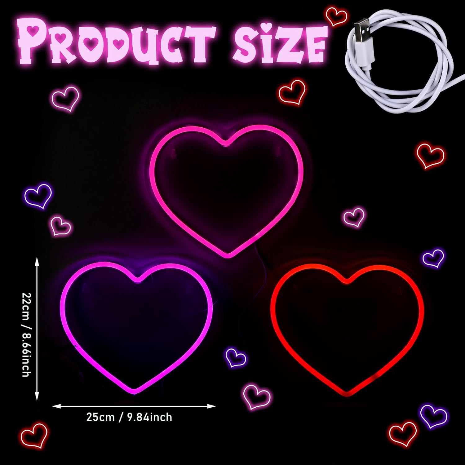 ROCEEI 3 Pcs Heart Neon Sign Valentine's Day Decoration Love Heart LED Light up Sign USB Powered Camping light Wall Window Decor for Valentine's Day Wedding Anniversary Bedroom Classroom