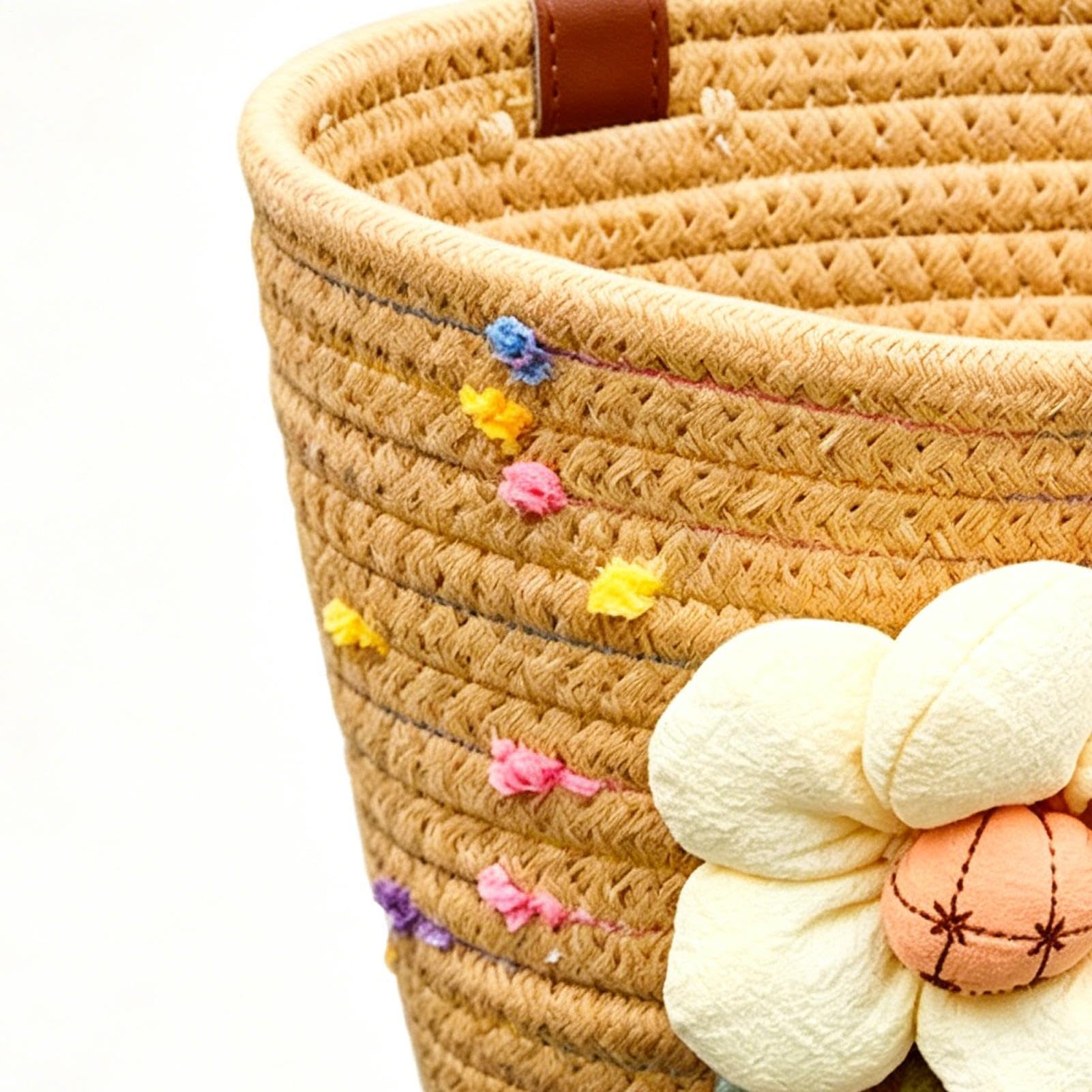Kids Bicycle Basket - Hand Woven Cotton Rope Plush Flower, Kids Small Bicycle Basket for Scooters, Tricycles, Balance Bikes, Beverages Keys Small Toys Storage Front Handle Use