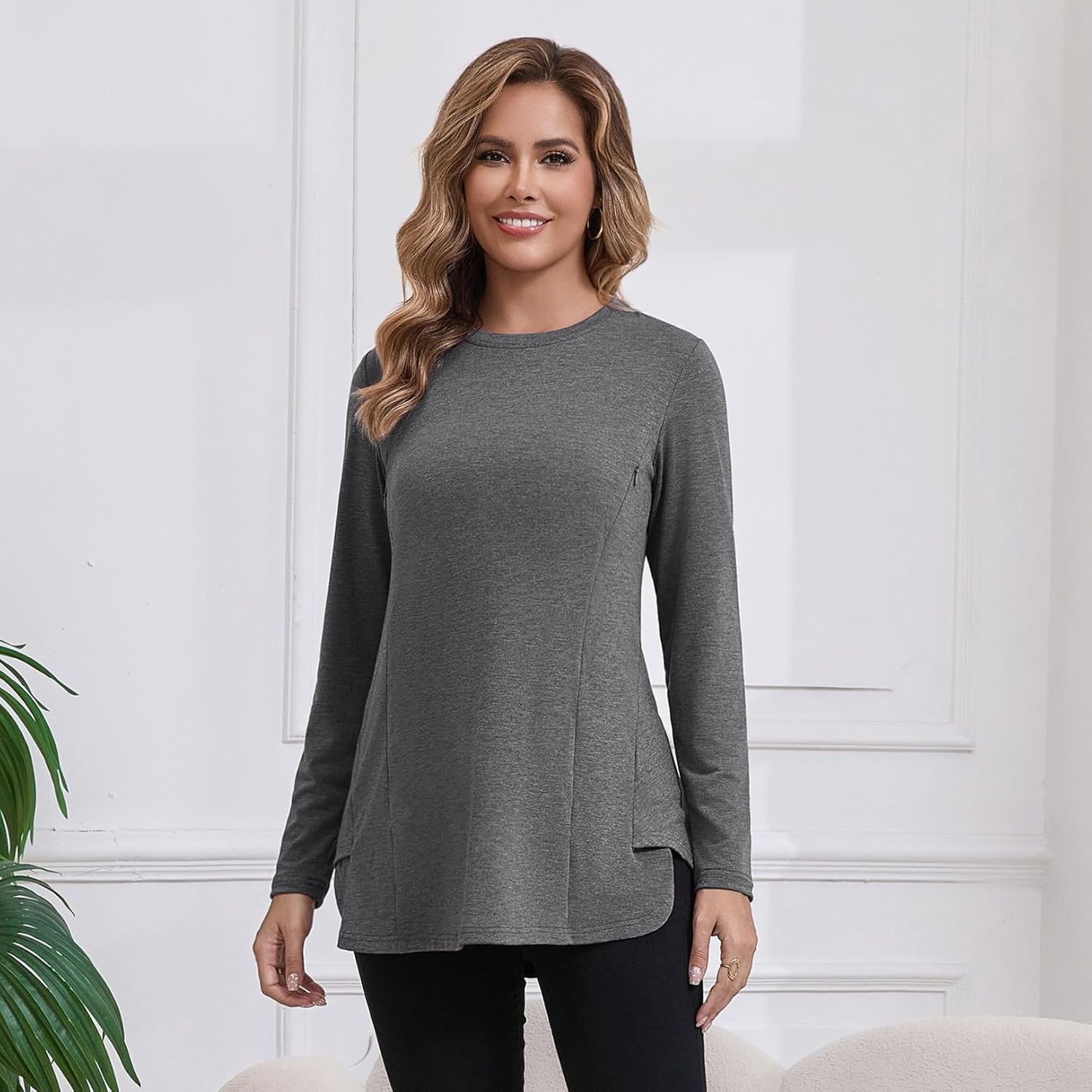 GINKANA 3 Packs Women's Nursing Shirts Long Sleeve Hidden Zipper Breastfeeding Pumping Tops Side Split Maternity Clothes