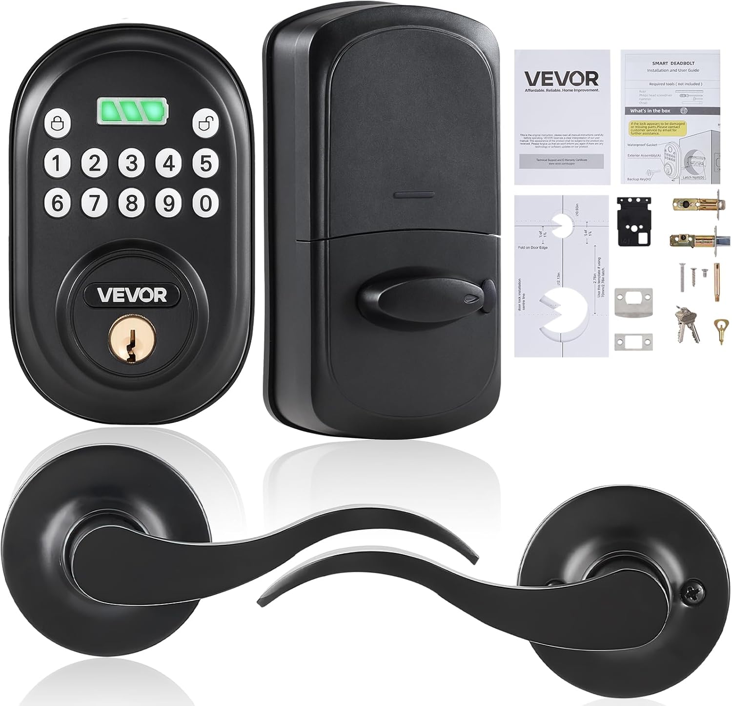 VEVOR Keyless Entry Door Lock with Handle, Electronic Keypad Entry Lever, Password and Key Unlock Combination, Auto-Locking Keypad with Deadbolt, One-
