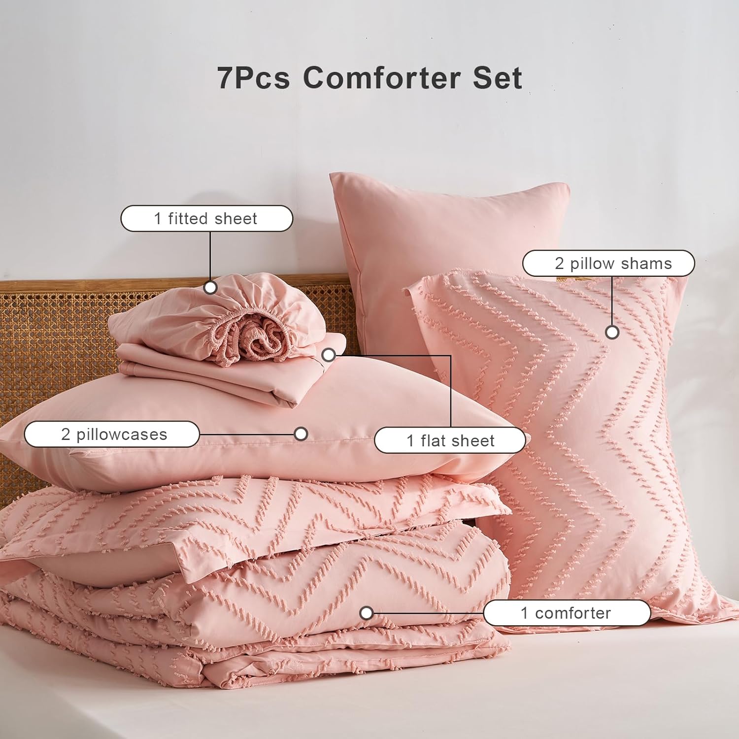 WURUIBO Breathable Bedding Set, Queen Comforter Set, 7 Pieces Bed in a Bag, White Bedding Set, All Season Comforter Set, with Comforter, Flat Sheet, Fitted Sheet, Pillowcases, Pillow Shams