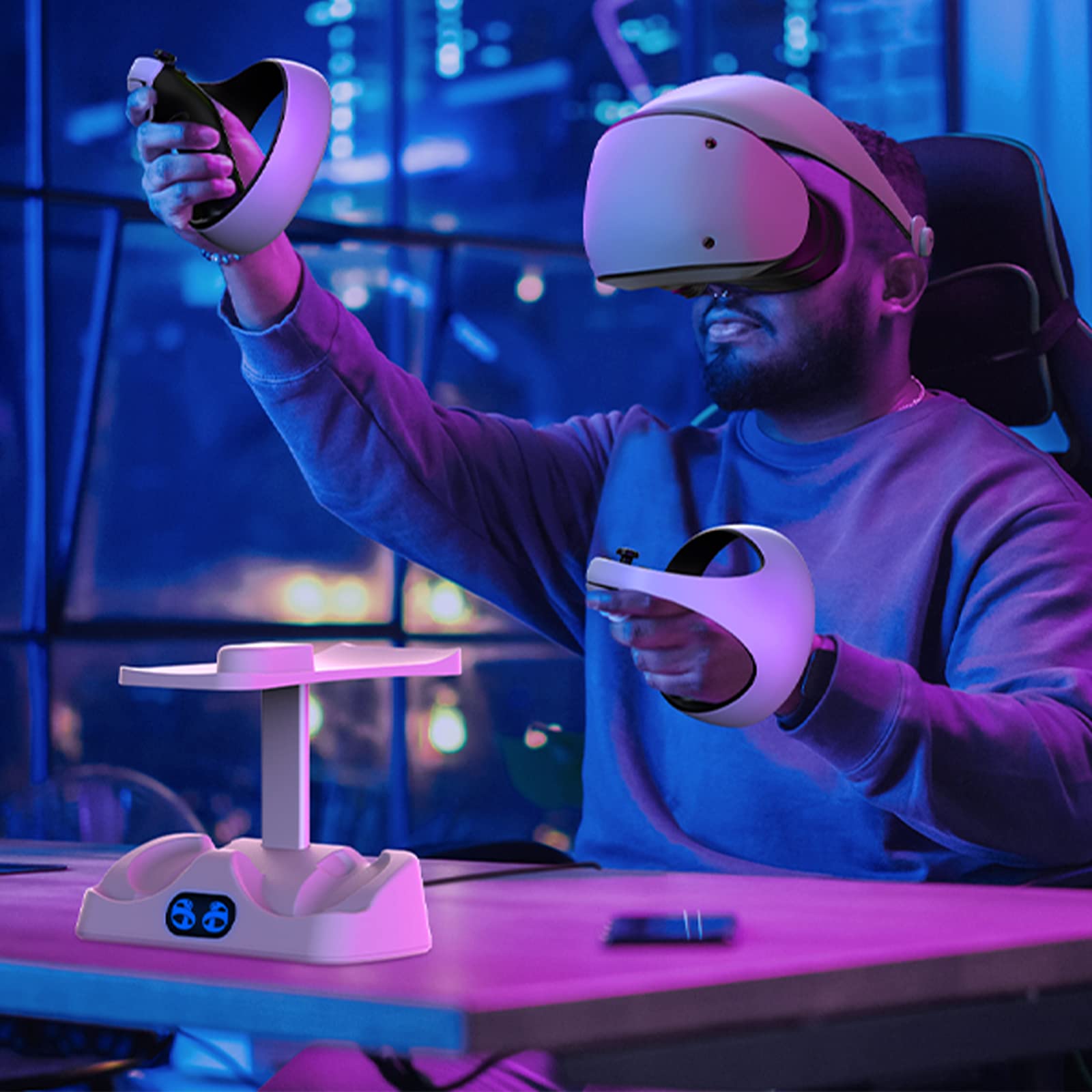 für PSVR2 Ladestation, PSVR 2 Controller Ladestation mit VR Headset Ständer, PS VR2 Sense Controller Ladegerät mit LED Licht, Magnetverschlüssen und Typ-C Kabel