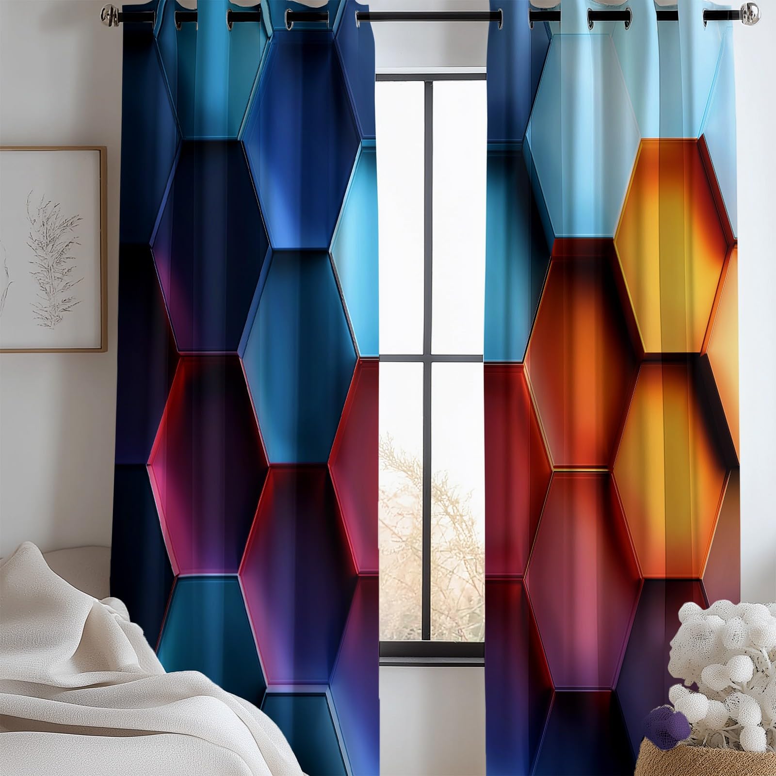 Arte Abstracto Cortinas Opacas Hexágonos Geométricos Coloridos,140 x 260 cm (2 Paneles), con Ojales – Tratamientos de Ventana Estampados para Dormitorio o Sala de Estar