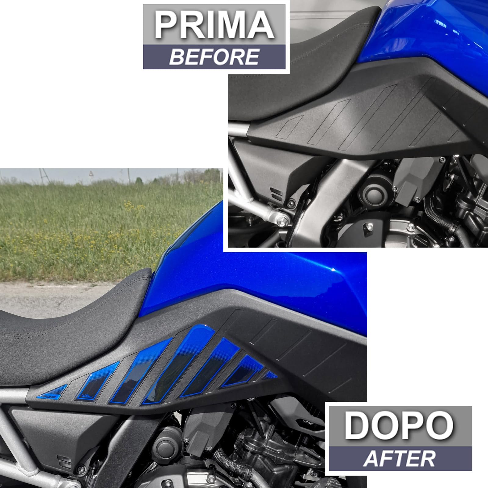 Resin Bike Autocollant Moto Compatibles avec Suzuki V-Strom 800 SE 2023-2024 Bleu Protections Latérales de Réservoir Contre Les Chocs et Les Éraflures. Autocollant 3D Résinés Made in Italy