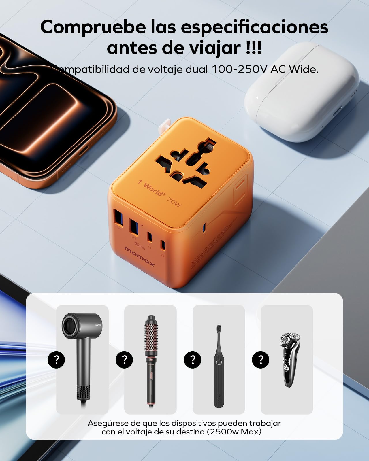 MOMAX Adaptador Enchufe Universal,70W GAN Enchufe Universal con 2 CA 3 USB C y 2 USB A, Adaptador Universal Enchufe Viaje, Adaptador de Viaje para Inglaterra, EE. UU., Japón, Tailandia y Australia