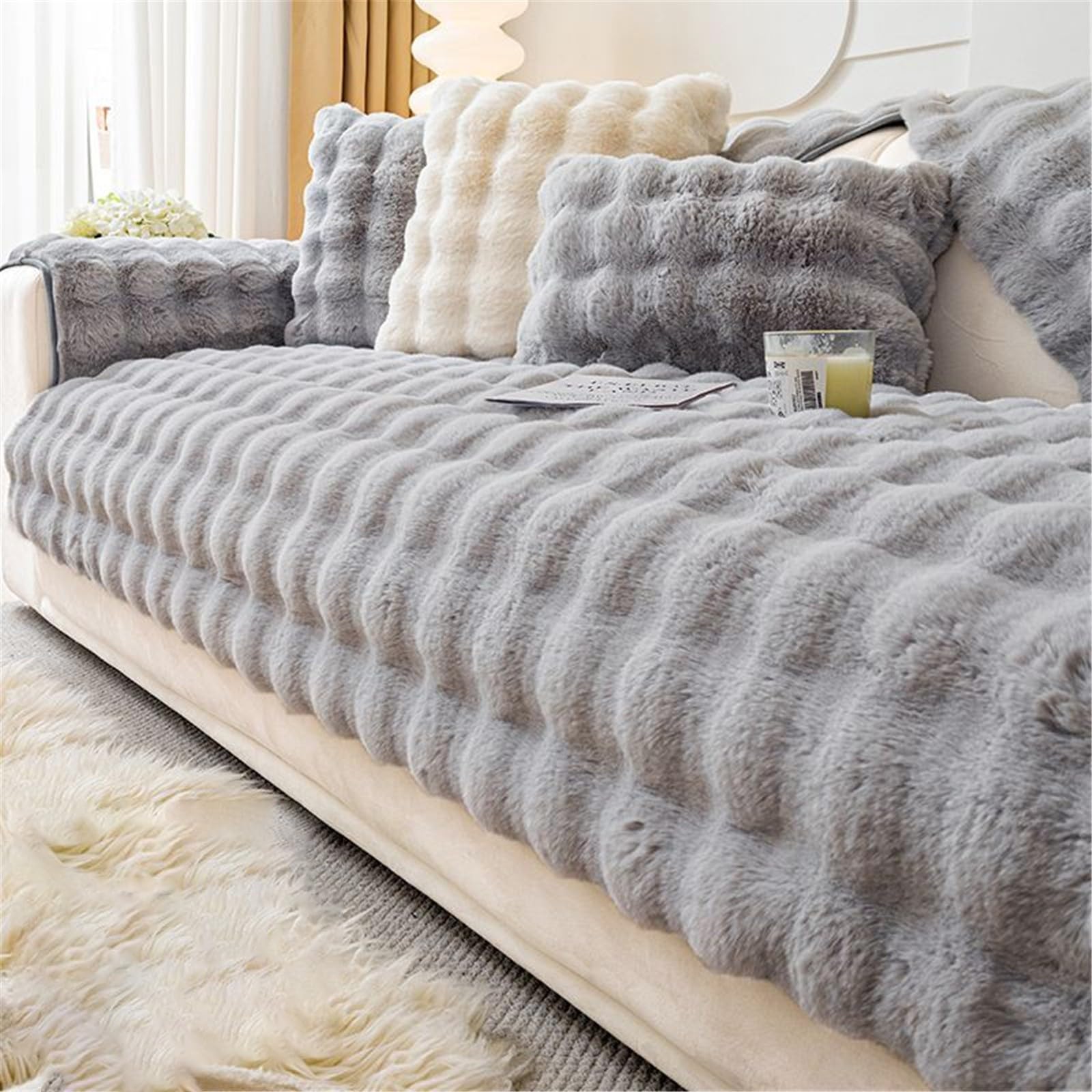 Housse de canapé en peluche lapin antidérapante et lavable pour meuble en L