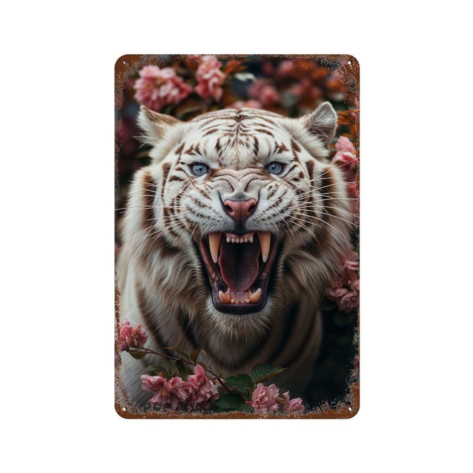 Decorative Tin Sign with White Tiger Roaring Design 11.8"x7.9", for Farmhouse, Kitchen And Entryway Decor, Old School Wall Decor