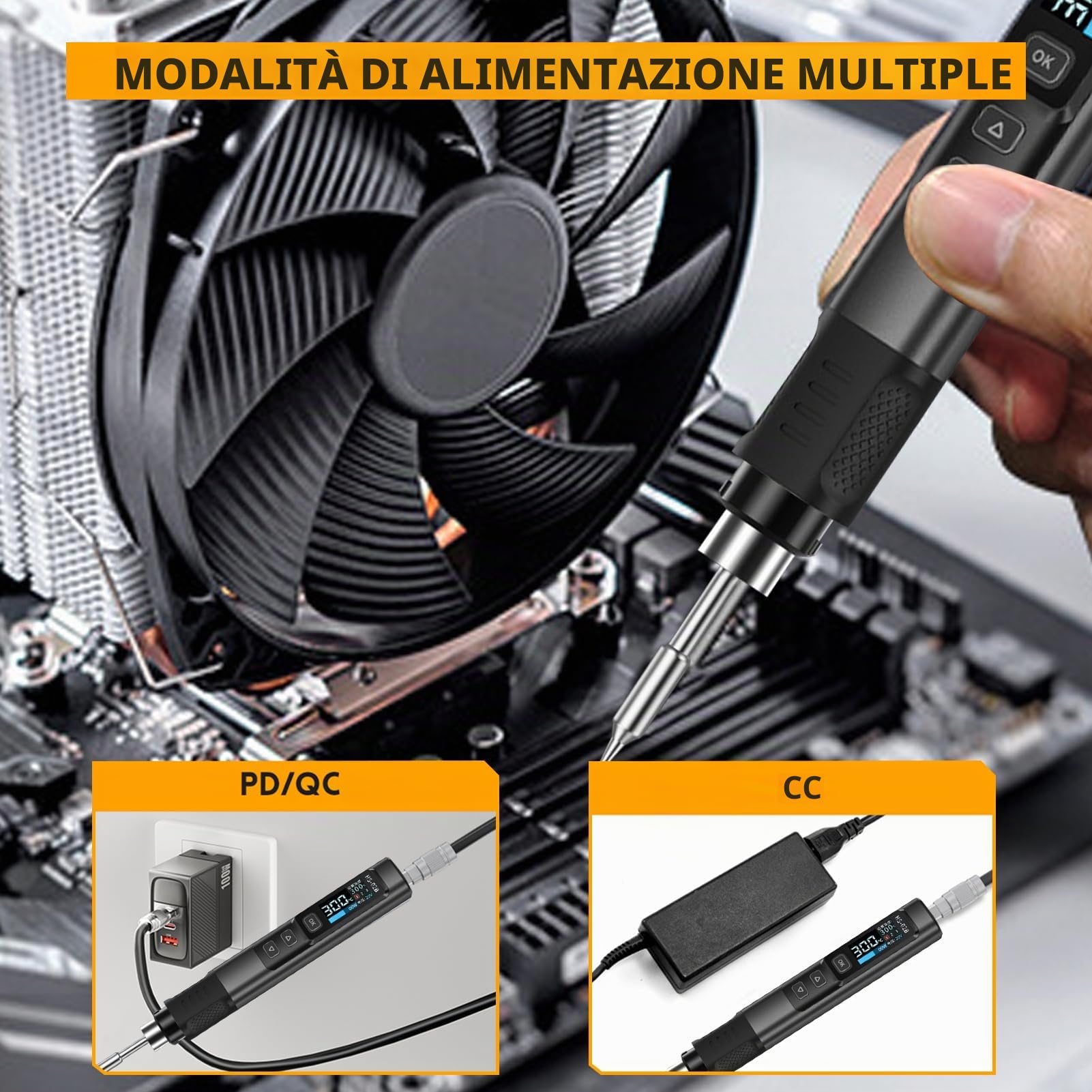 Kit Saldatore HS-02B, 100W Mini Saldatore Digitale con Scatola di Immagazzinaggio 180-842 ℉ Riscaldamento Rapido 3 Livelli di Temperatura Preimpostati 3 Punte per Saldatore DC9-24V