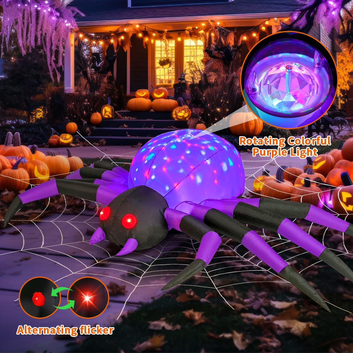 COMIN Nadmuchiwane materiały halloweenowe o szerokości 2,5 m, dekoracje zewnętrzne, pająk, wysadzane podwórko, dekoracja z wbudowaną diodą LED, na podwórko, ogród, imprezę, trawnik (fioletowy)
