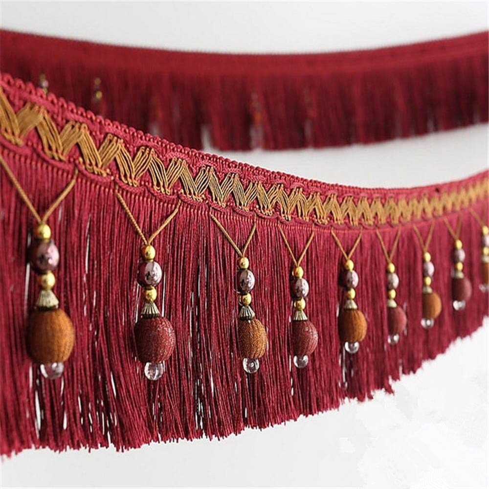 2yard Briaded Beads Hanging Ball Tassel Fringe Trimming Applique Fabric Trimming Ribbon Band Curtain Table Wedding Decorated T2582a (red)