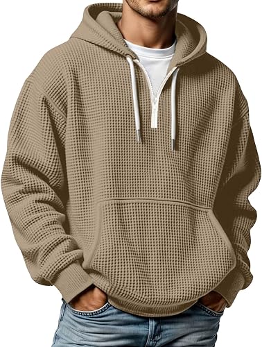 ZRBYWB Mens Long Sleeve Shirts Waffle Hoodie Sweatshirt Zipper Drawstring Long S