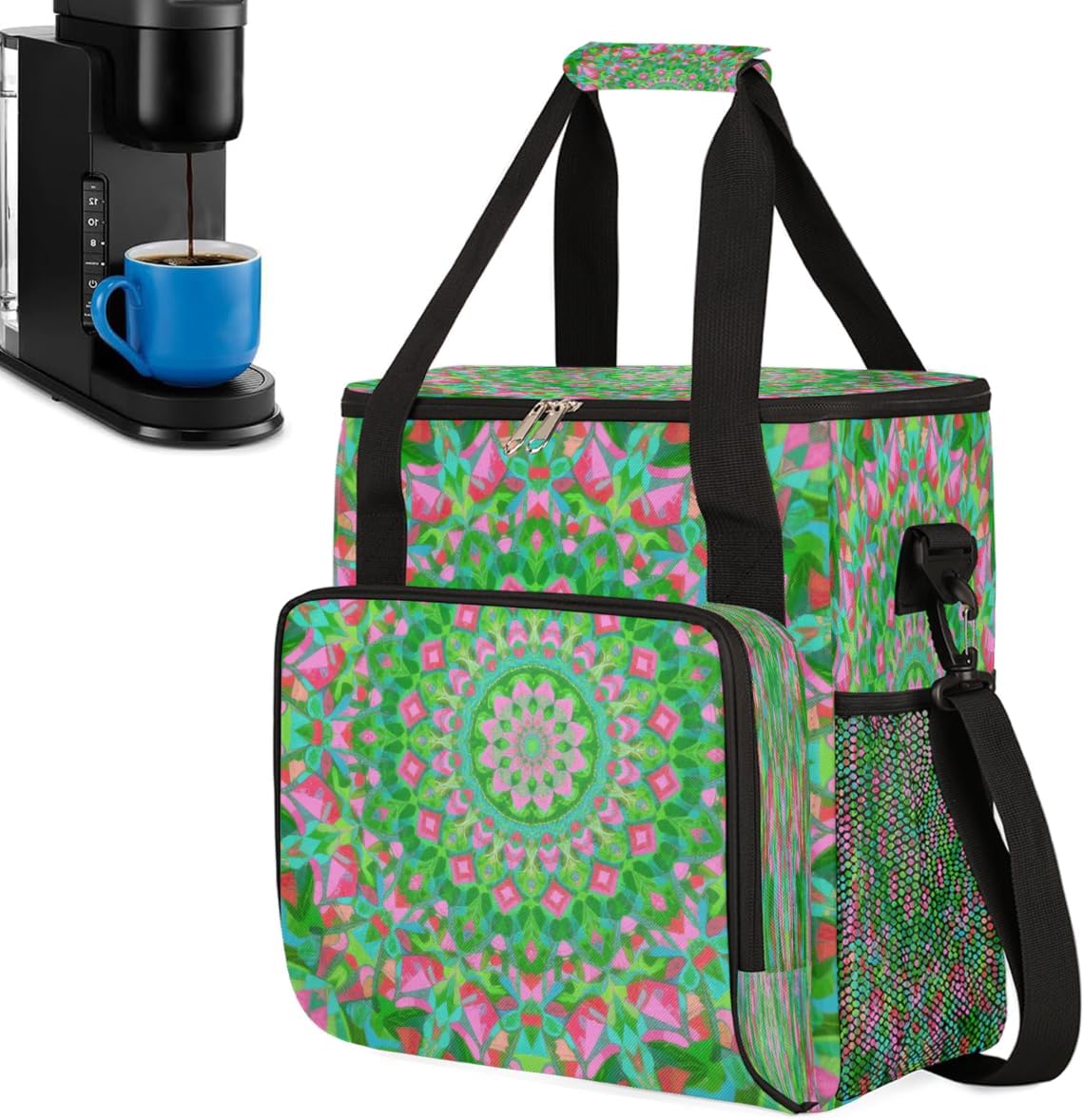 Pink Mandala Portable Coffee Maker Carrying Bag Compatible with Keurig K-Mini or K-Mini Plus - Travel Storage Tote with K-Cup Pod Pockets for Single Serve Coffee Brewer