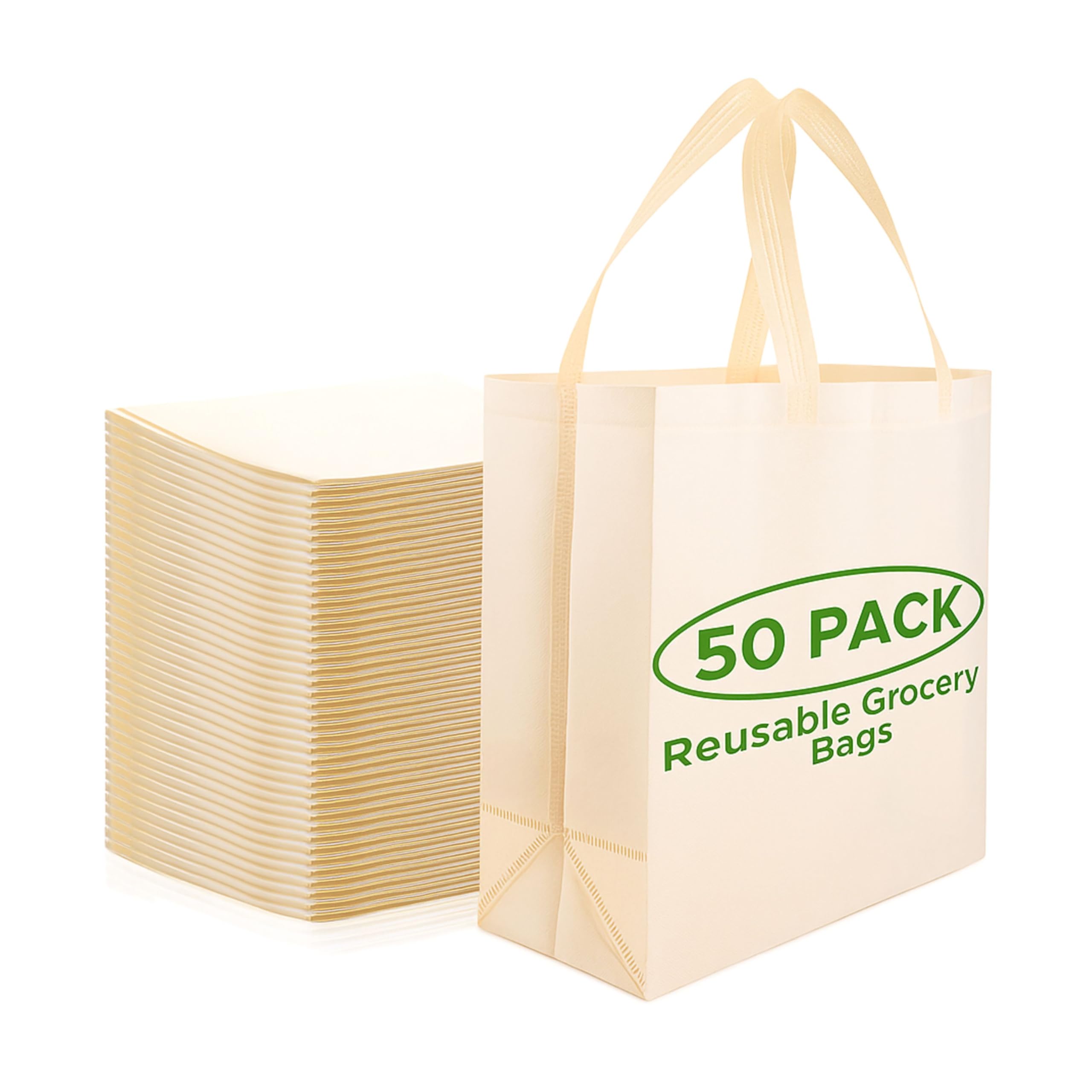 Simply Cool Reusable Grocery Bags Eco-Friendly - Large Reusable Shopping Bags, Heavy Duty Grocery Bags, 14.5"x14"x6.6" Foldable, Tote Bags Bulk (50 Pack, Cream)