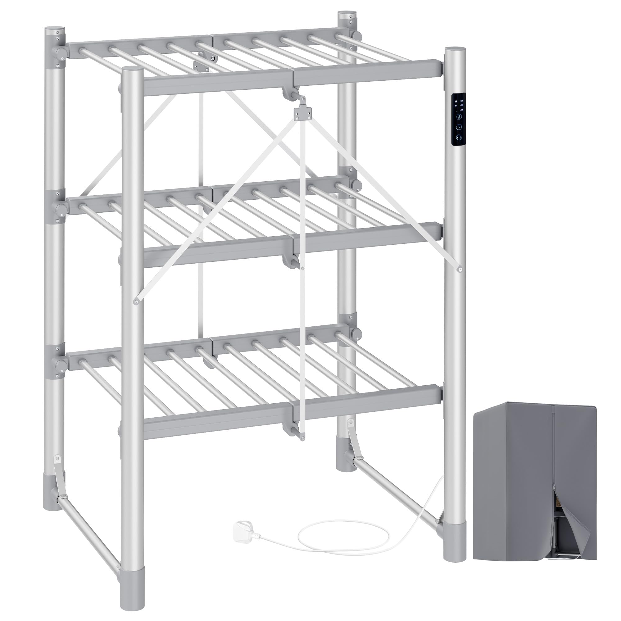 Songmics Silver Heated Clothes Airer, 3-Tier Large Electric Clothes Dryer Rack, Foldable, Indoor Drying For Laundry, Control Panel, With Fabric Cover, Aluminium Alloy, Llr705ez01
