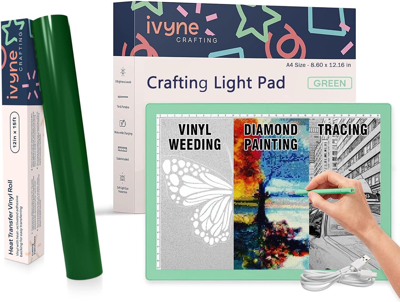 iVyne Green Vinyl Crafting Set: A4 Corded Light Box for Tracing, Drawing & Weeding & 12" x15ft Green Heat Transfer Vinyl - Perfect for Cricut, Silhouette Cameo Projects