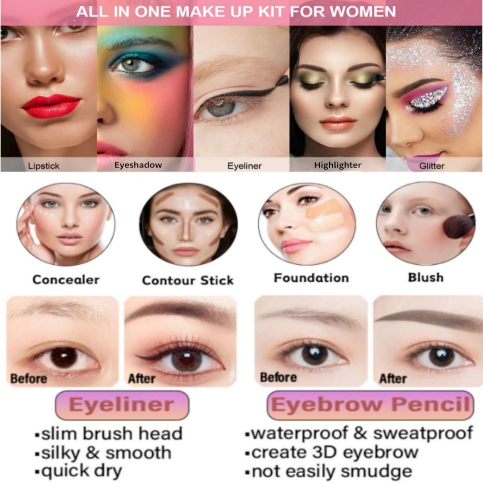 Beauté 26 pièces Coffret cadeau pour les fêtes, kit complet de cosmétiques pour débutants avec ombre à paupières, fond de teint, gloss, blush, eye-liner, Coffret cadeau surprise pour la fête des Mères