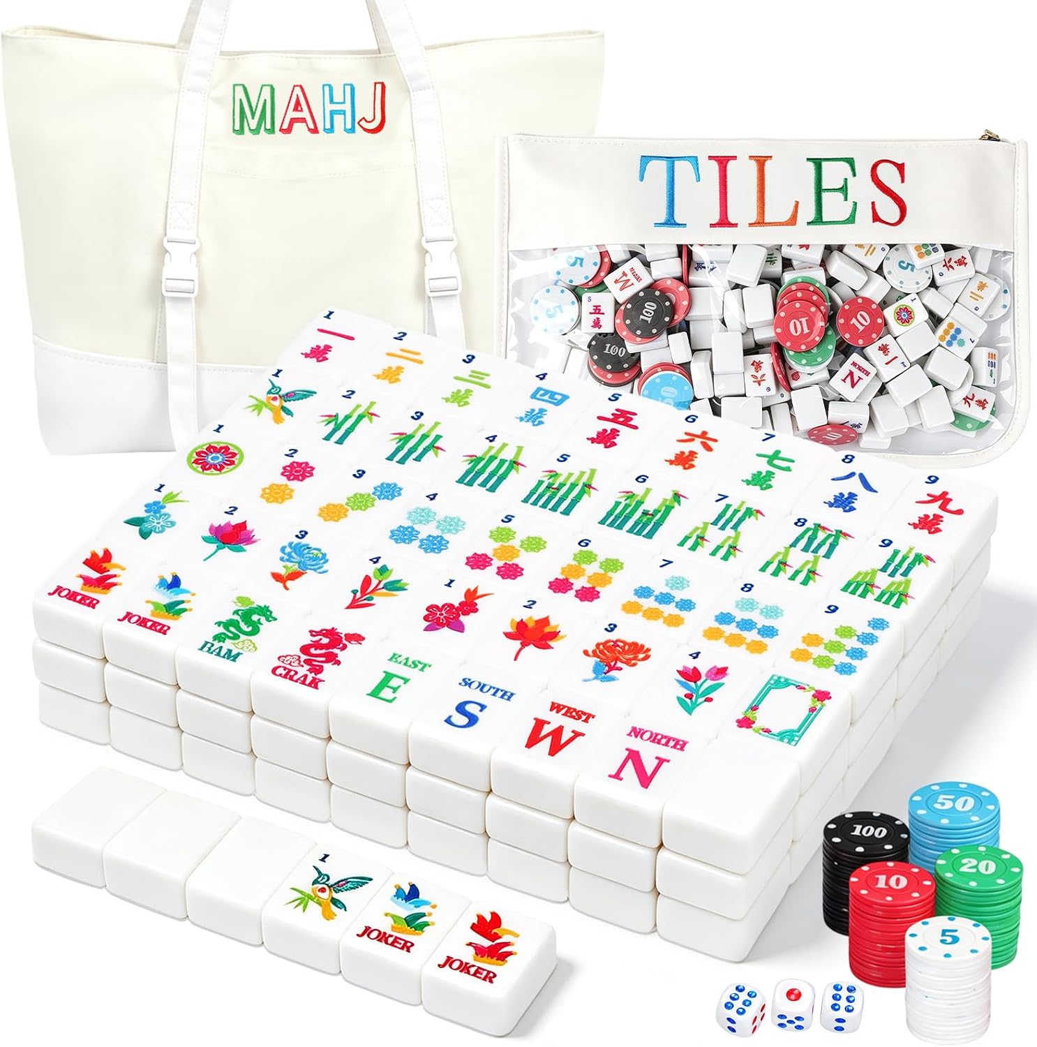 162 American Mahjong Tiles Set, 1.2" Mini Travel Size White Engraved Melamine Mahjong Set with 2 Large & Small Canvas Bags, 5 RoIls Chips (100 Chips) & 3 Dice for Travel & Family Game Nights