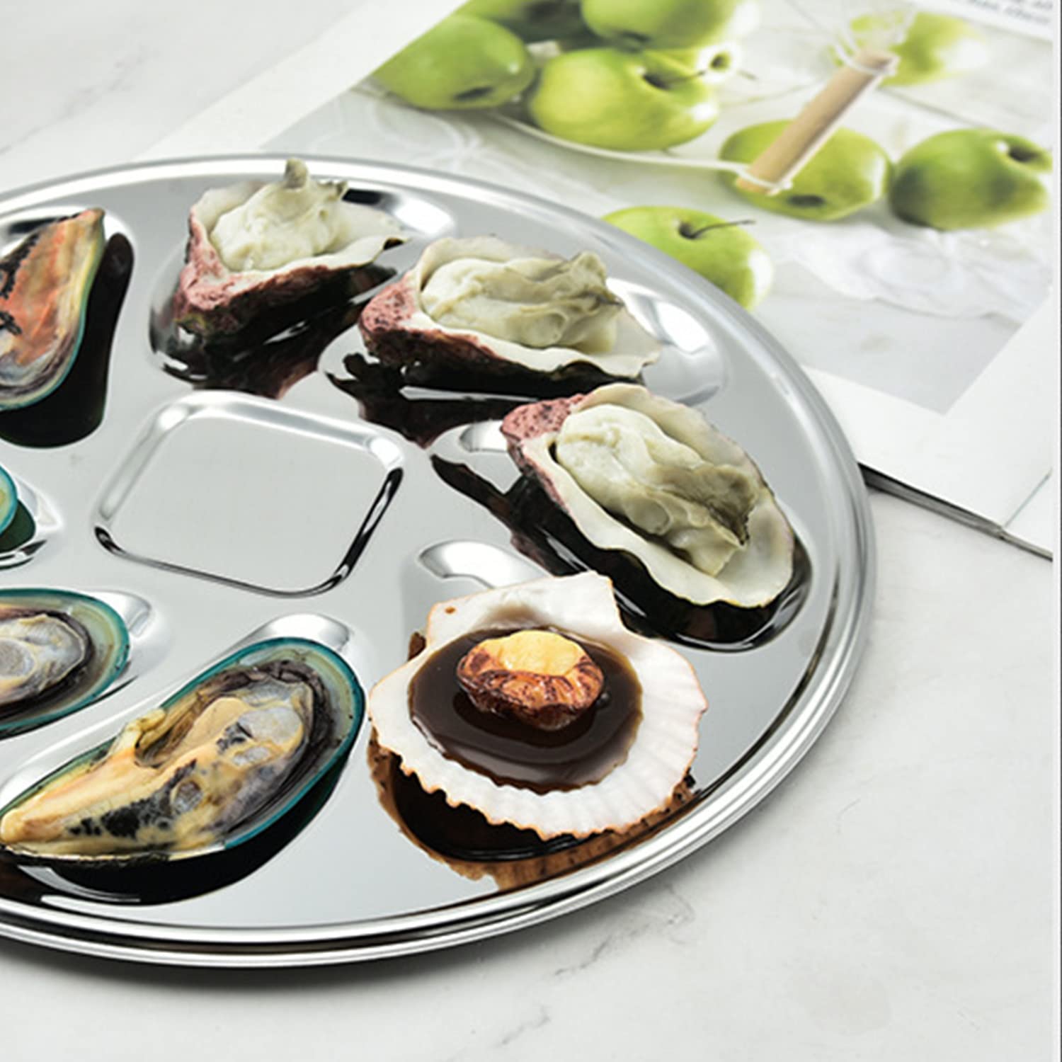 Piatto per Ostriche, Contenitore per Ostriche in Acciaio Inossidabile, con Coltello da Ostriche e 9 Fessure, Vassoio per Ostriche per Posizionare Ostriche, Capesante, Vongole, Salsa di Soia
