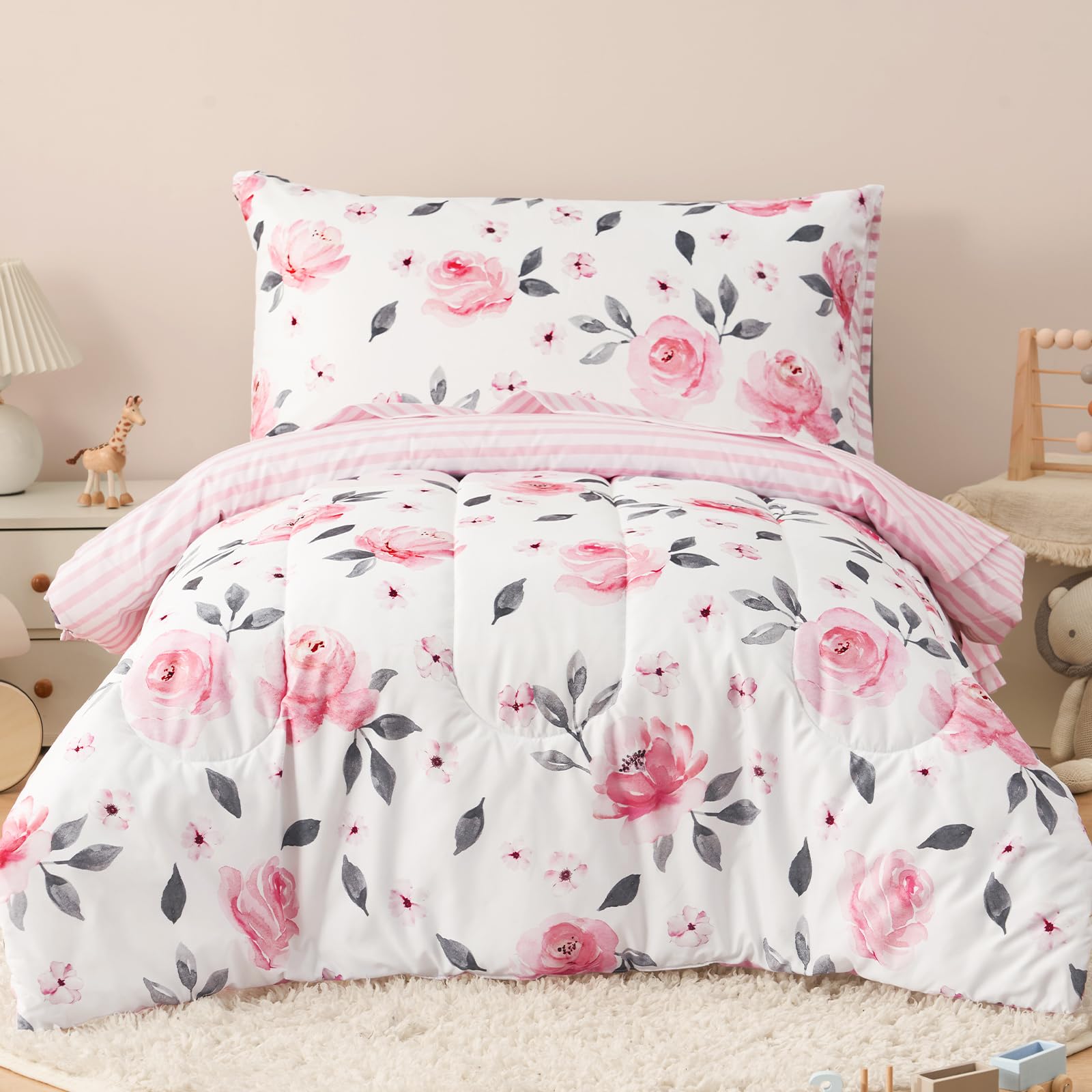 phf 4 piece toddler bedding set, ultra soft toddler comforter sets include comforter, fitted sheet, flat top sheet and pillowcase for girls, floral bed in a bag for baby bedroom, floral