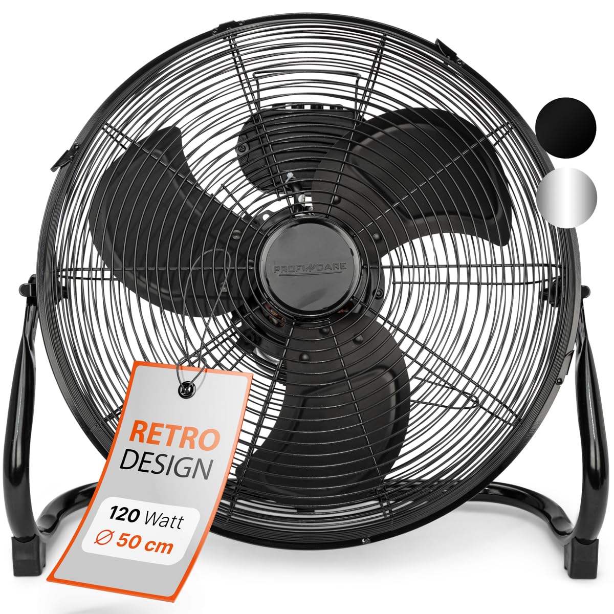 ProfiCare® XL Windmaschine mit 50 cm Ø | Ventilator verstellbarer Winkel | Bodenventilator 3 Stufen | Ventilator leise aus Metall | Luftkühler | Standlüfter | Raumkühler | PC-VL 3067 WM matt schwarz