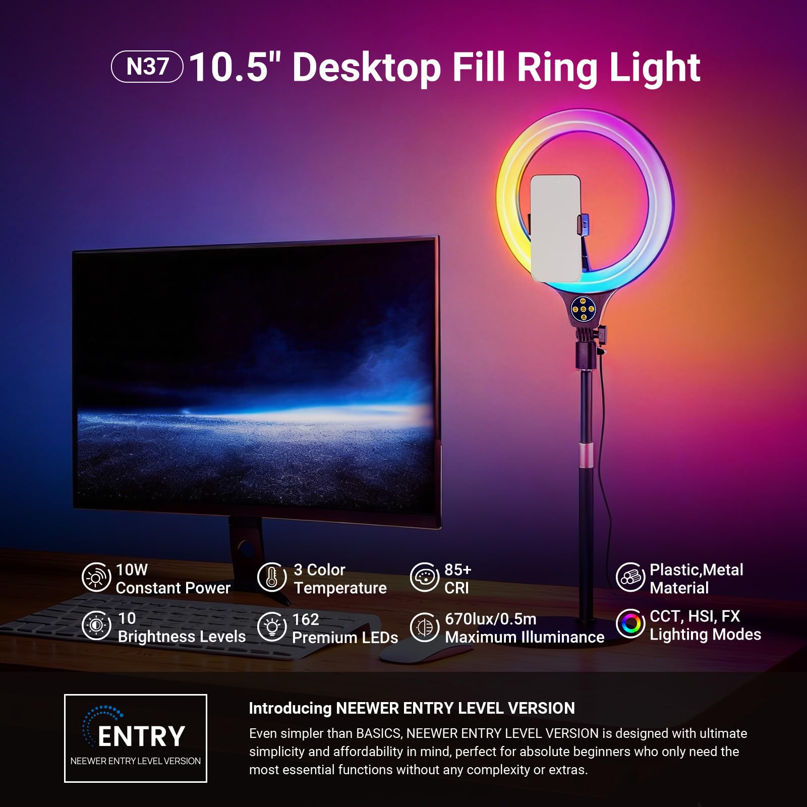 NEEWER Entry Level lampa pierścieniowa RGB z podstawką stołową, uchwytem na telefon komórkowy, kompatybilna z pilotem zdalnego sterowania iPhone, 10 W CRI85+ LED światło wideo do TikTok YouTube