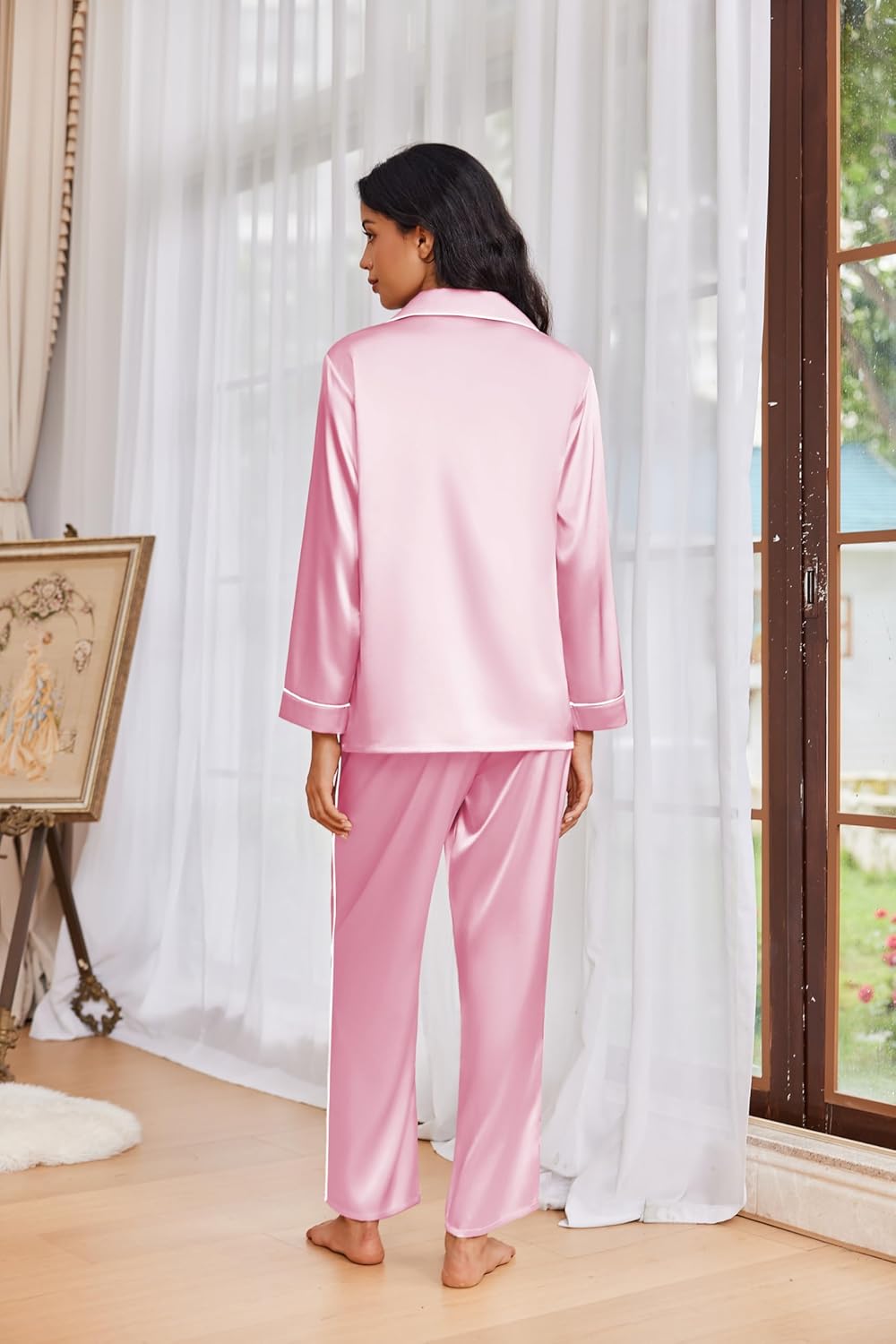 Ekouaer Womens Pajama Sets Satin Silk Pjs Classic Button Down Sleepwear Soft Long Sleeve Lounge Sets - Image 3