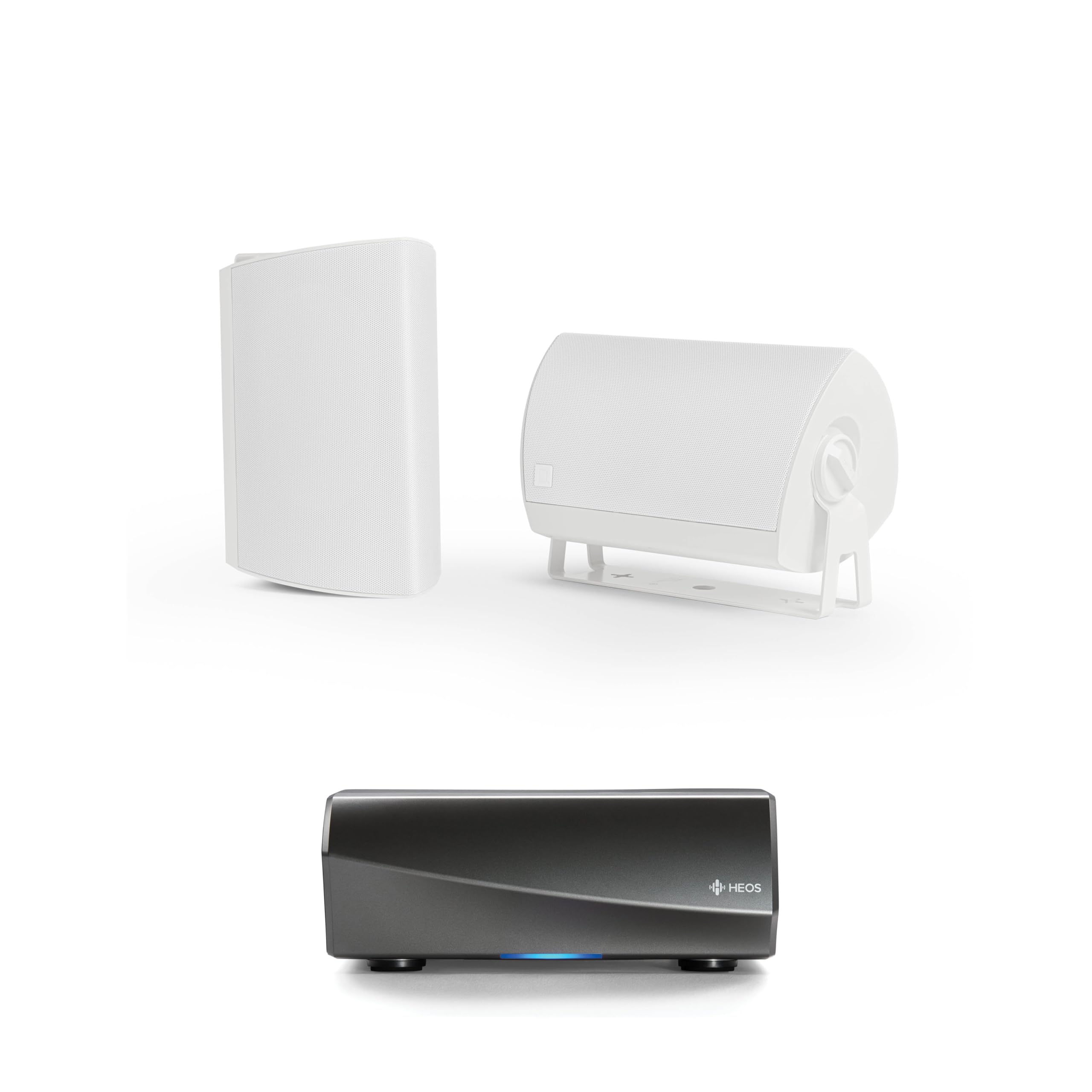 Definitive Technology AW-550 All-Weather Outdoor Speakers (White, Pair) with 5.25” Woofer, 1” Tweeter & Passive Bass Radiator + Denon HEOS Hi-Res Wireless Streaming Amplifier for High-Fidelity Sound