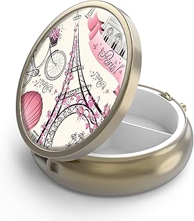 Pill Case Pill Box with Mirror Retro 3 Compartment Small Pill Case for Purse or Pocket Bronze Small Roud Pill Box or Vitamins, Fish Oil, Supplements, Pill Containe Travel Gifts（Paris Eiffel Tower）