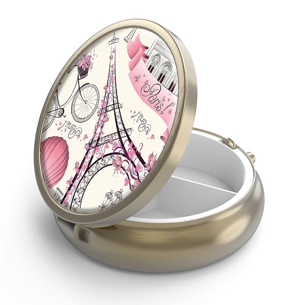 Pill Case Pill Box with Mirror Retro 3 Compartment Small Pill Case for Purse or Pocket Bronze Small Roud Pill Box or Vitamins, Fish Oil, Supplements, Pill Containe Travel GiftsParis Eiffel Tower