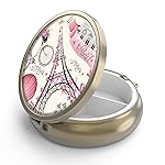 Pill Case Pill Box with Mirror Retro 3 Compartment Small Pill Case for Purse or Pocket Bronze Small Roud Pill Box or Vitamins, Fish Oil, Supplements, Pill Containe Travel GiftsParis Eiffel Tower