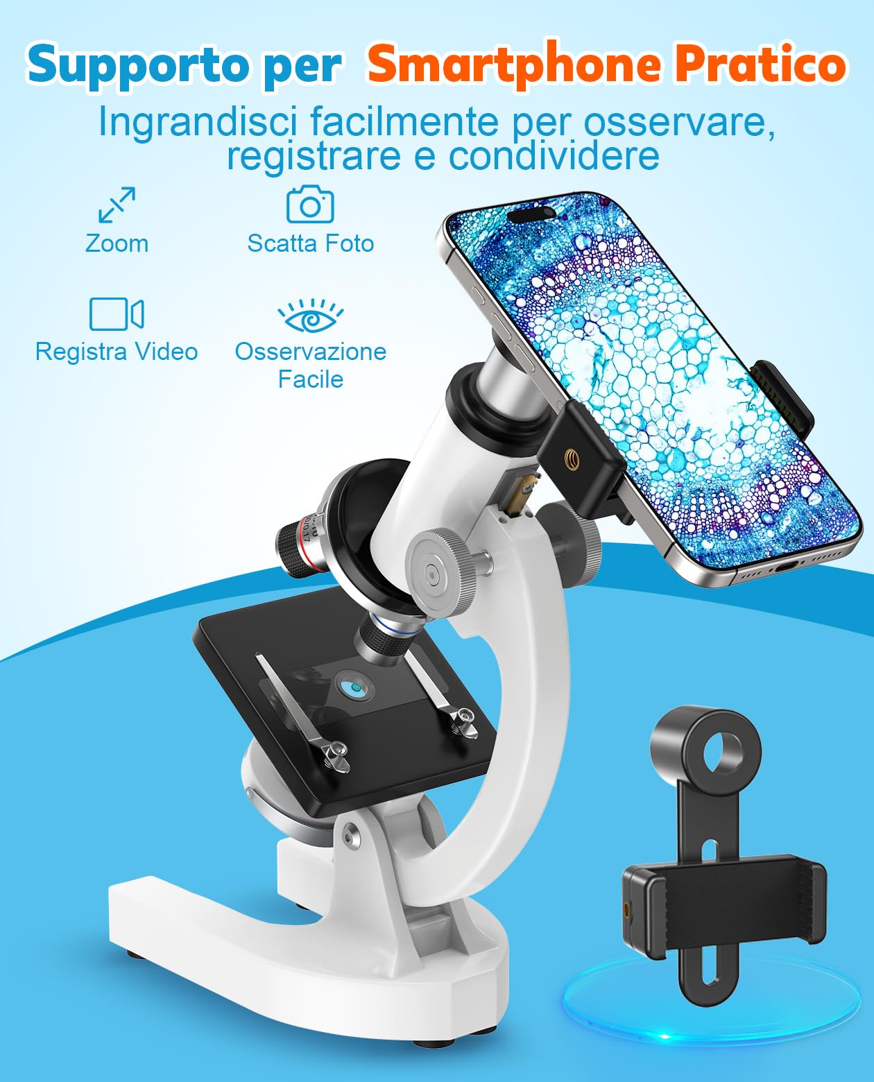 Microscopio 40X-2000X per Bambini Studenti Adulti: Microscopio Ottico Professionale per Lab, Casa e Scuola con Vetrini, Supporto per phone, Struttura in Metallo, Regalo Educativo per ragazzi 8-12