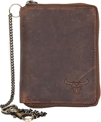 FLW Cartera grande de cuero genuino con cremallera alrededor (cremallera alrededor) con una cadena, Beige Bronceado, Cartera con cremallera
