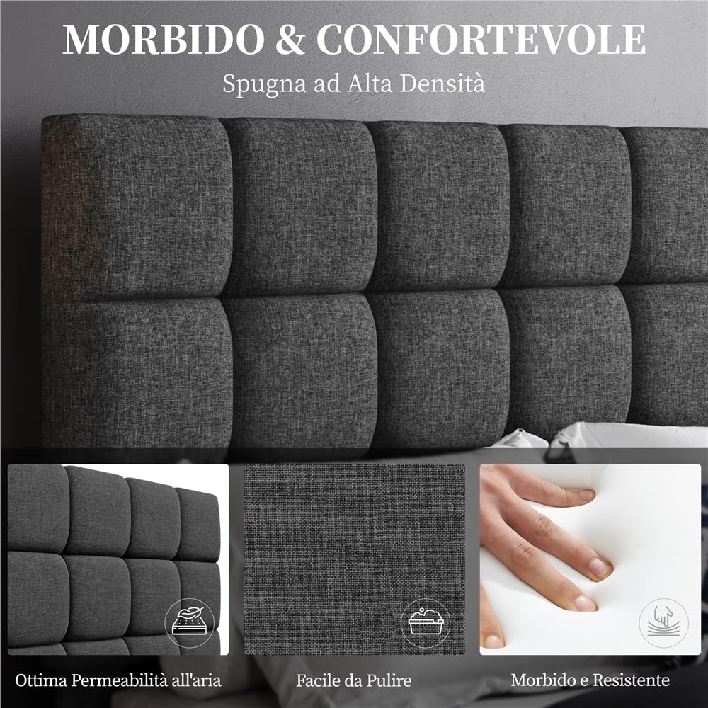Yaheetech Letto Imbottito 140 x 200 cm con Testiera Quadrata Altezza Regolabile Doghe in Legno Grigio Scuro
