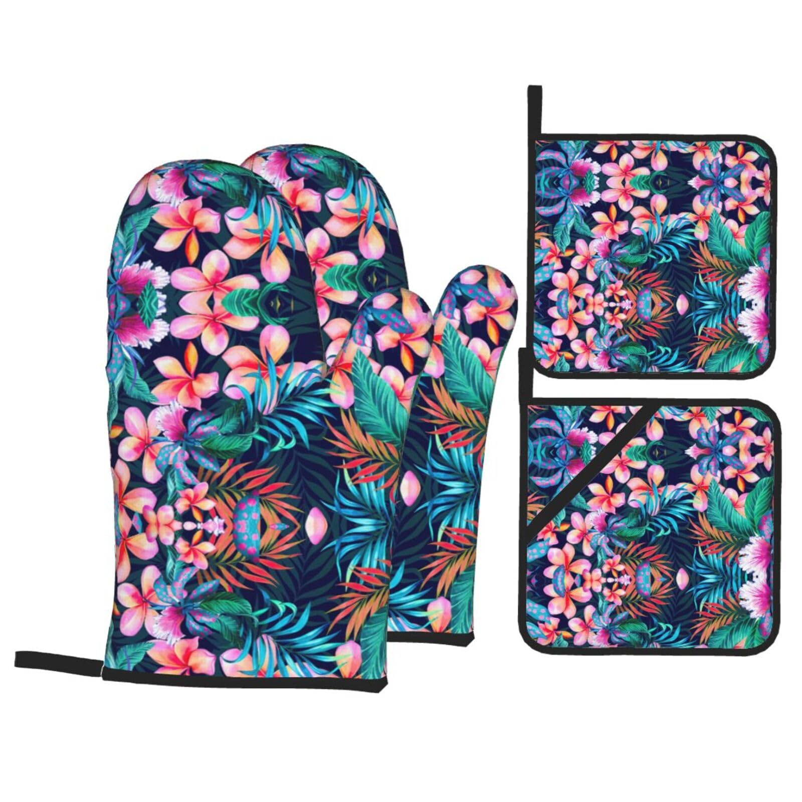 Lot de 4 maniques et maniques en forme de fleurs tropicales résistantes à la chaleur et imperméables pour la cuisson, la cuisson et les grillades Lot de 4 maniques et maniques en forme de fleurs tropicales résistantes à la chaleur et imperméables pour la cuisson, la cuisson et les grillades