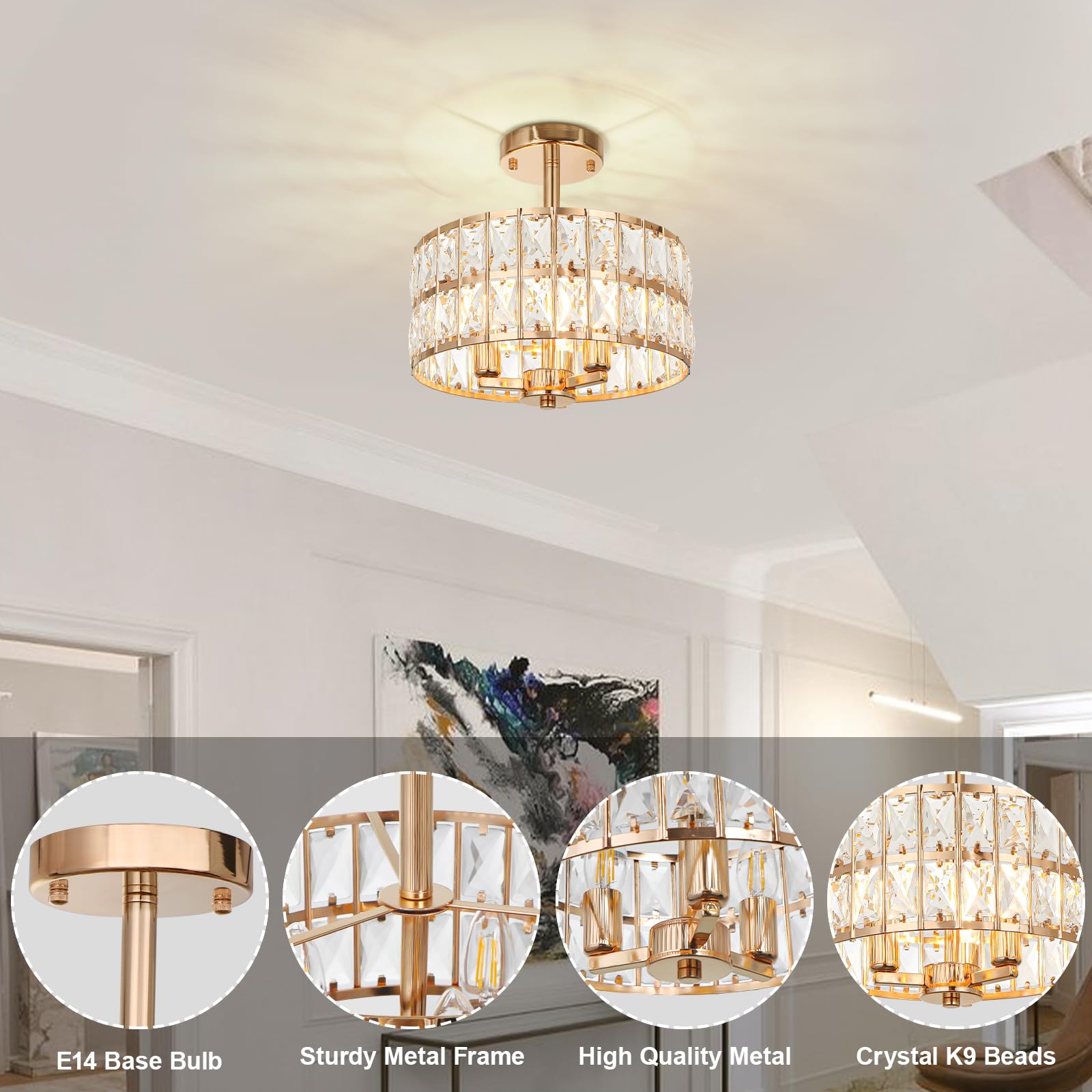 LynPon Lampadario a Soffitto Oro con Cristalli, 3 Luci E14 Lampada da Soffitto Moderna Semi-Incasso, Plafoniera Elegante in Cristallo per Soggiorno, Camera da Letto, Cucina, Corridoio, Sala da Pranzo