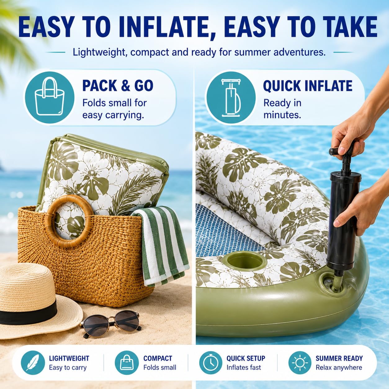 Generisch Inflatable Pool Lounge Chair,Aufblasbarer Pool-Liegestuhl, Can Be Used By Two People 3-In-1 Inflatable Pool Lounge Chair, Floating Chair for Party Summer Water Beach Lake Fun (Grün)