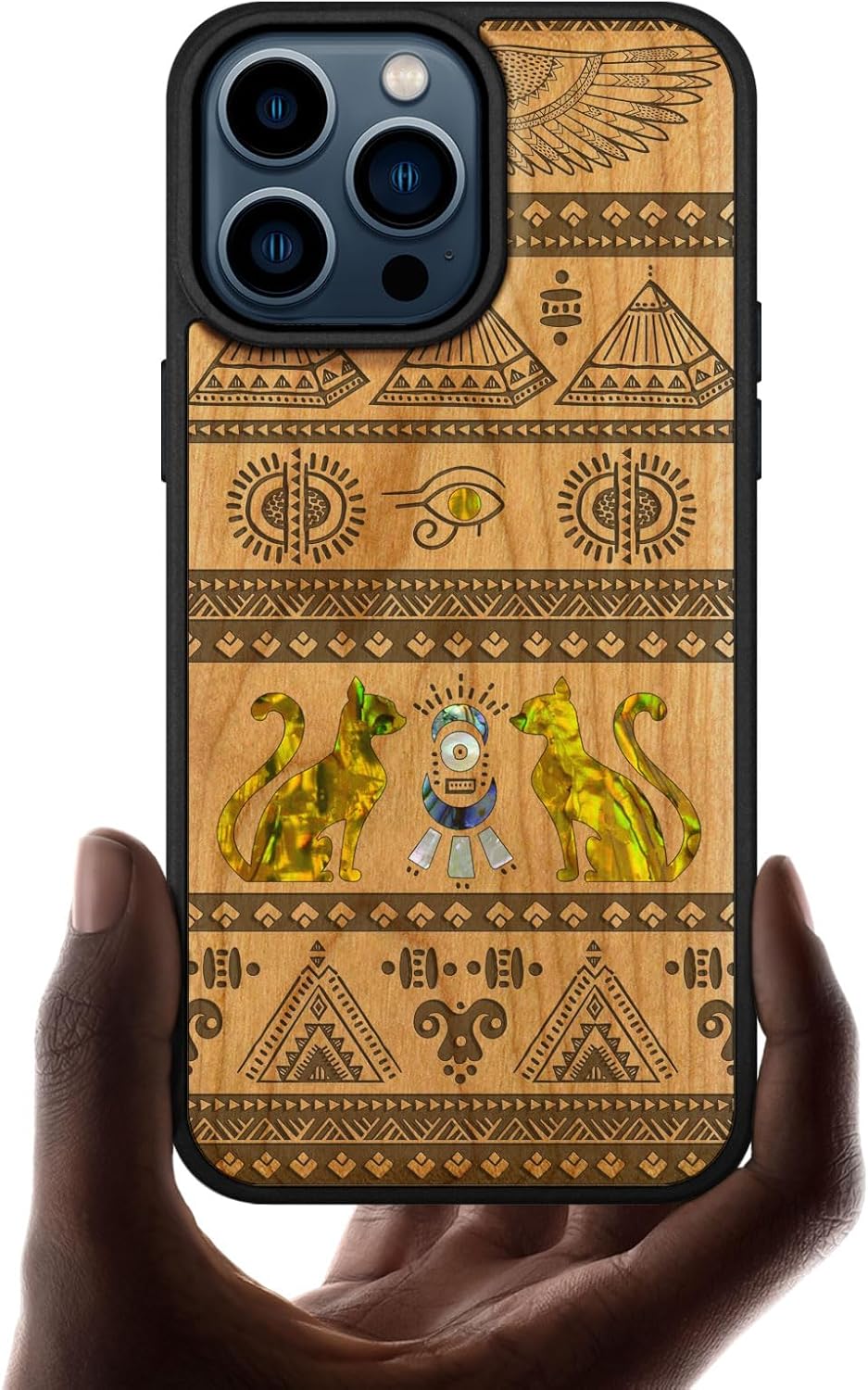 Carveit Wooden Case for iPhone 15 Pro Max Magnetic Case, Compatible with MagSafe Wireless Chargers, Shockproof Cover, Handmade Shell Inlaid & Wood Artisan Engraved (The Symbols of Egypt) Cherry