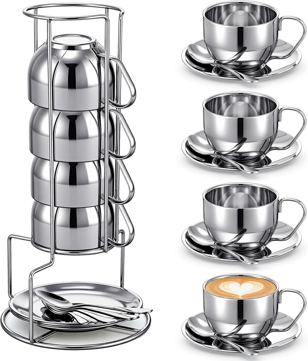 4 Pack Stainless Steel Coffee Cup Set 6 oz Espresso Cups Coffee Mugs with Spoons, Saucers and Metal Stand for Drinks, Latte, Tea, Milk