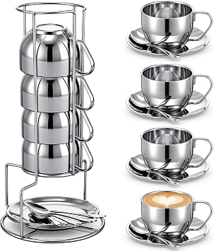 4 Pack Stainless Steel Coffee Cup Set 6 oz Espresso Cups Coffee Mugs with Spoons, Saucers and Metal Stand for Drinks, Latte, Tea, Milk180 ml
