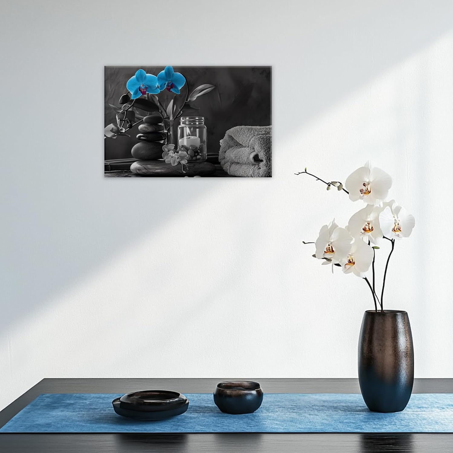 GLOKAKA Zen Canvas Wall Art Blue Orchid Pictures Black Stone Spa Towel Painting Modern Minimalist Bathroom Wall Decor for Meditation Spiritual Room(Artwork-1,12"x18")