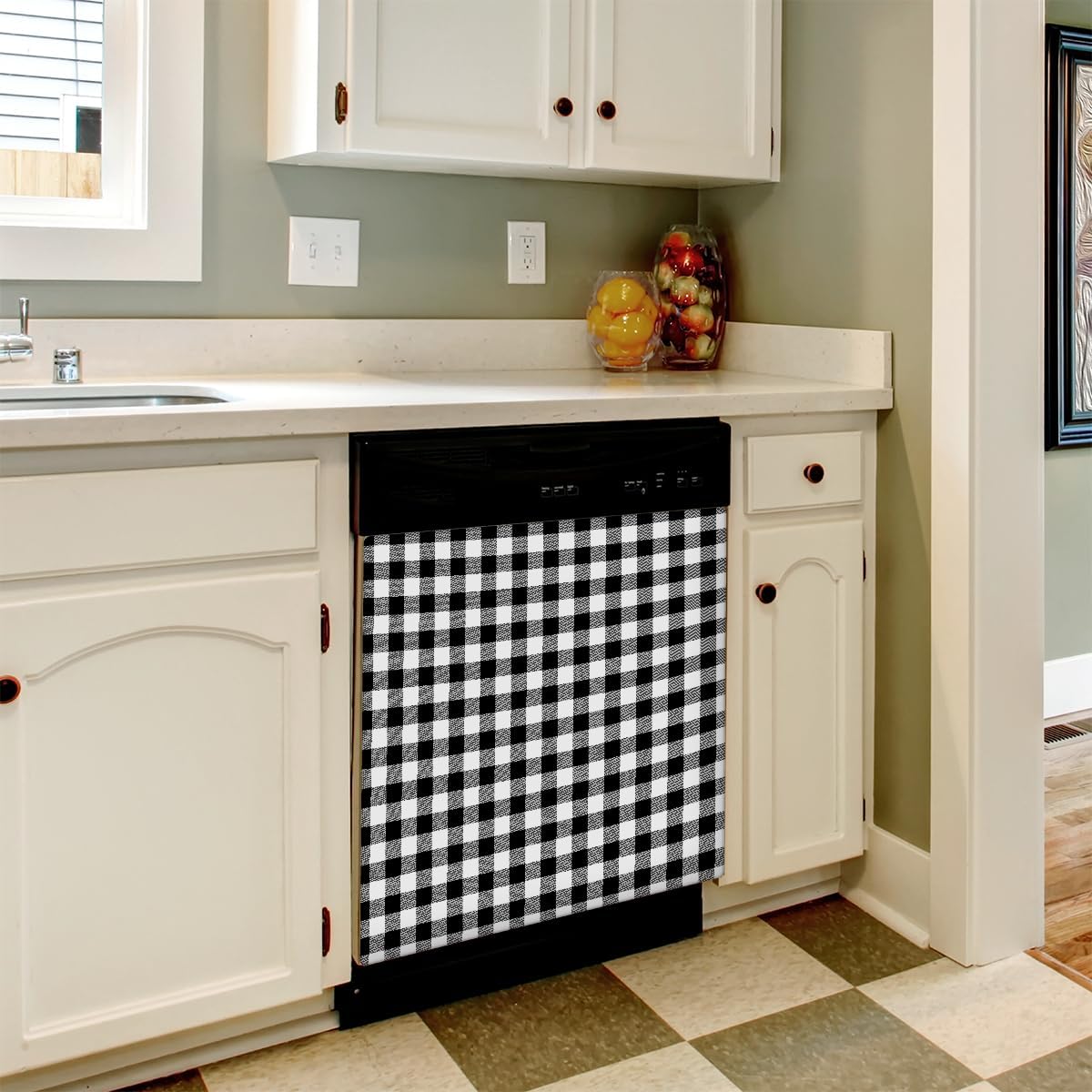Dishwasher Covers Refrigerator Magnetic Panel Decals Black White Plaid Reusable Dishwasher Door Covers Decorative 21" x 26" Inch