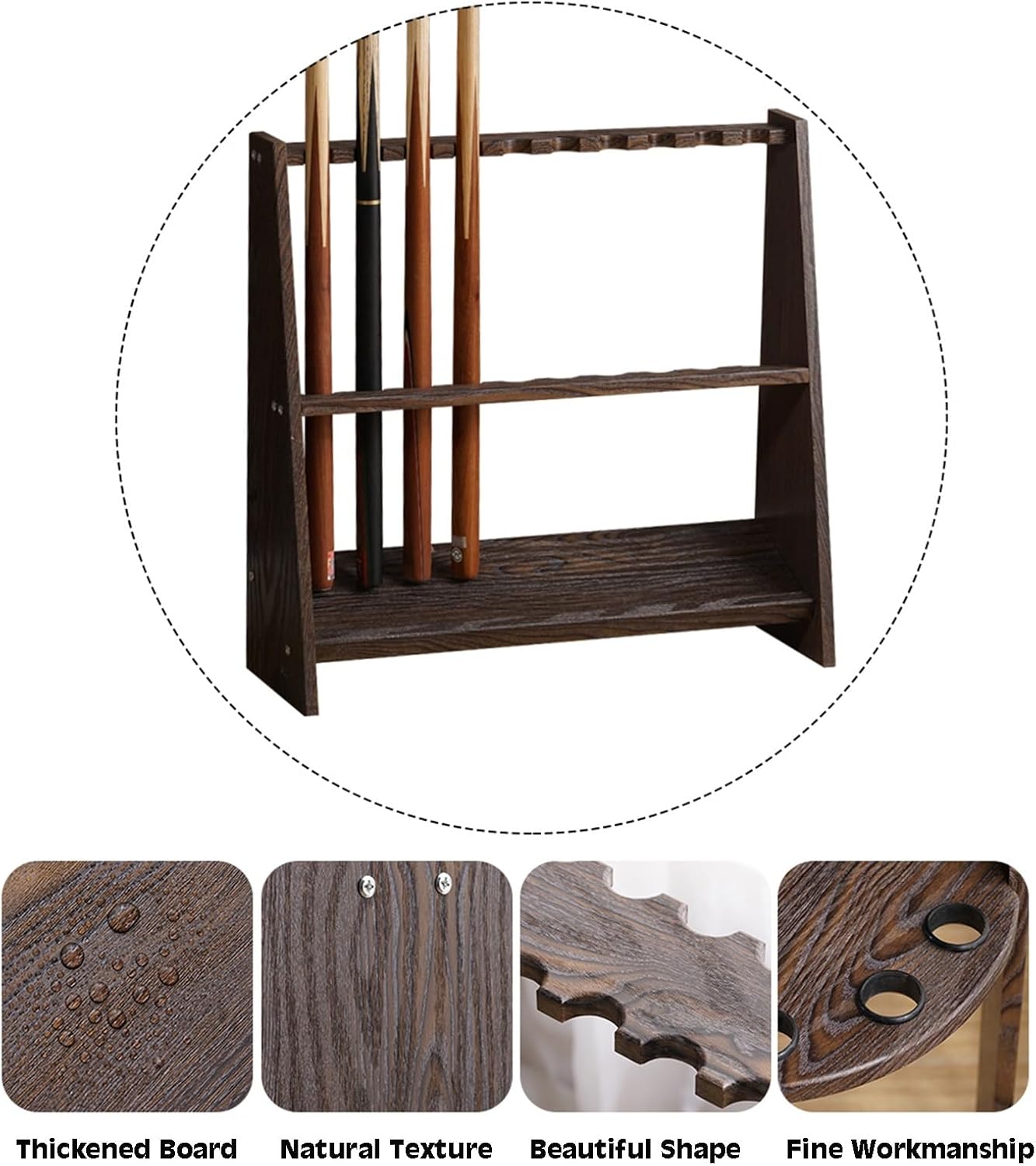 Wooden Floor Stand Pool Cue Holder,Freestanding Billiard Rack, Room Equipment Storage Organizer,Hold Up to 10 Sticks 30kg Load Capacity