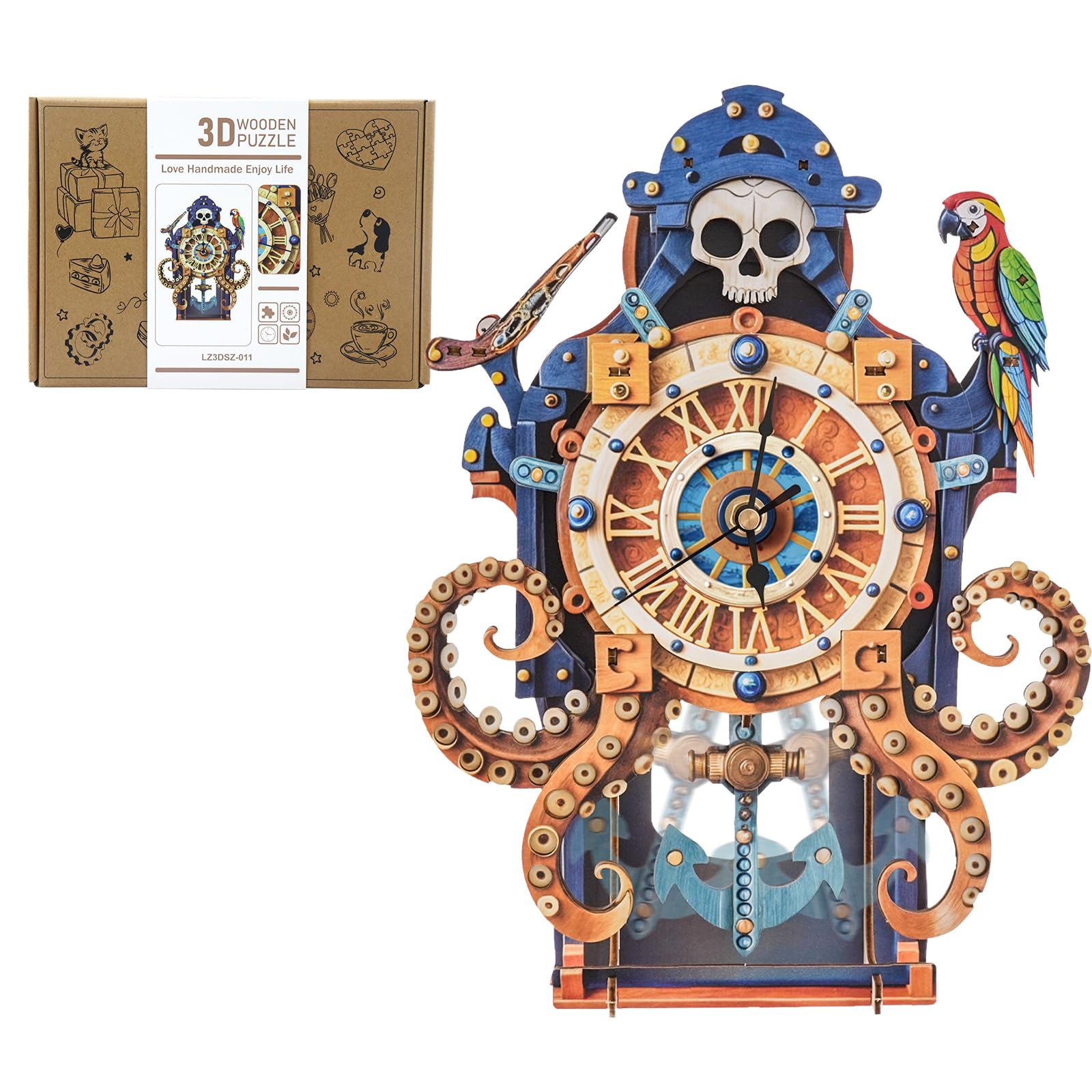 Lilcubics 3D Wooden Puzzles for Adults Clock Kit Octopus Pirate Mechanical Wooden Model Kits for Adults to Build 3D Puzzle Gifts for Halloween Home Decor