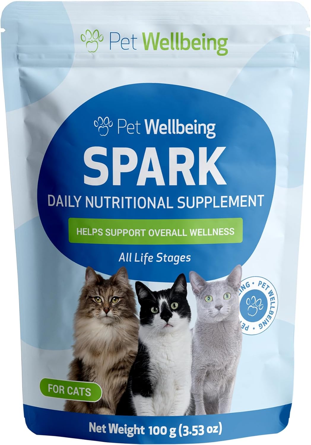 Pet Wellbeing Spark Daily Nutritional Greens Superfood for Cats – Probiotics, Prebiotics, Digestive Enzymes, Amino Acids, Antioxidants, Vitamin D, Spirulina – Veterinarian-Formulated 3.53 oz (100 g)