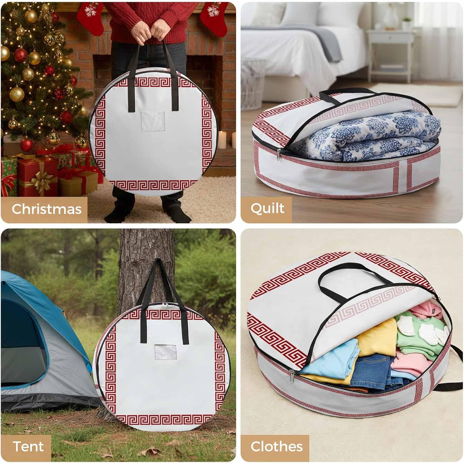 Red Geometric Round Storage Bag 36 Inch, Greek Pattern Chinese Clothes Storage Container with Handles Heavy Duty Organizer for Comforter, Bedding & Holiday Wreaths